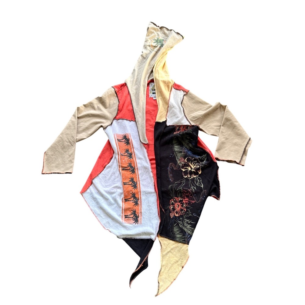 Styles Ever After Womens Patchwork Tropical Floral Hoodie Asymmetrical Boho M